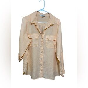Next Tangerine Orange Peach 100% Linen Long Sleeve Woman’s Shirt Size 16.